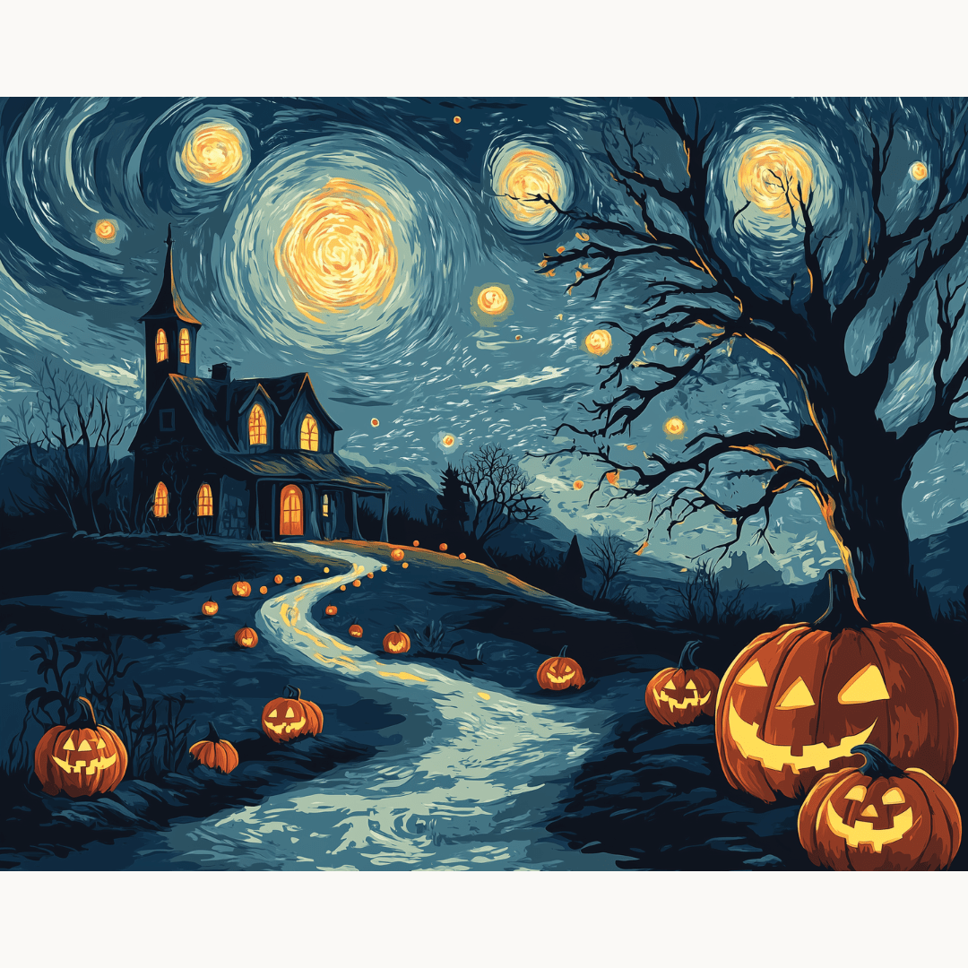 Completed Starry Night Halloween paint by numbers artwork
