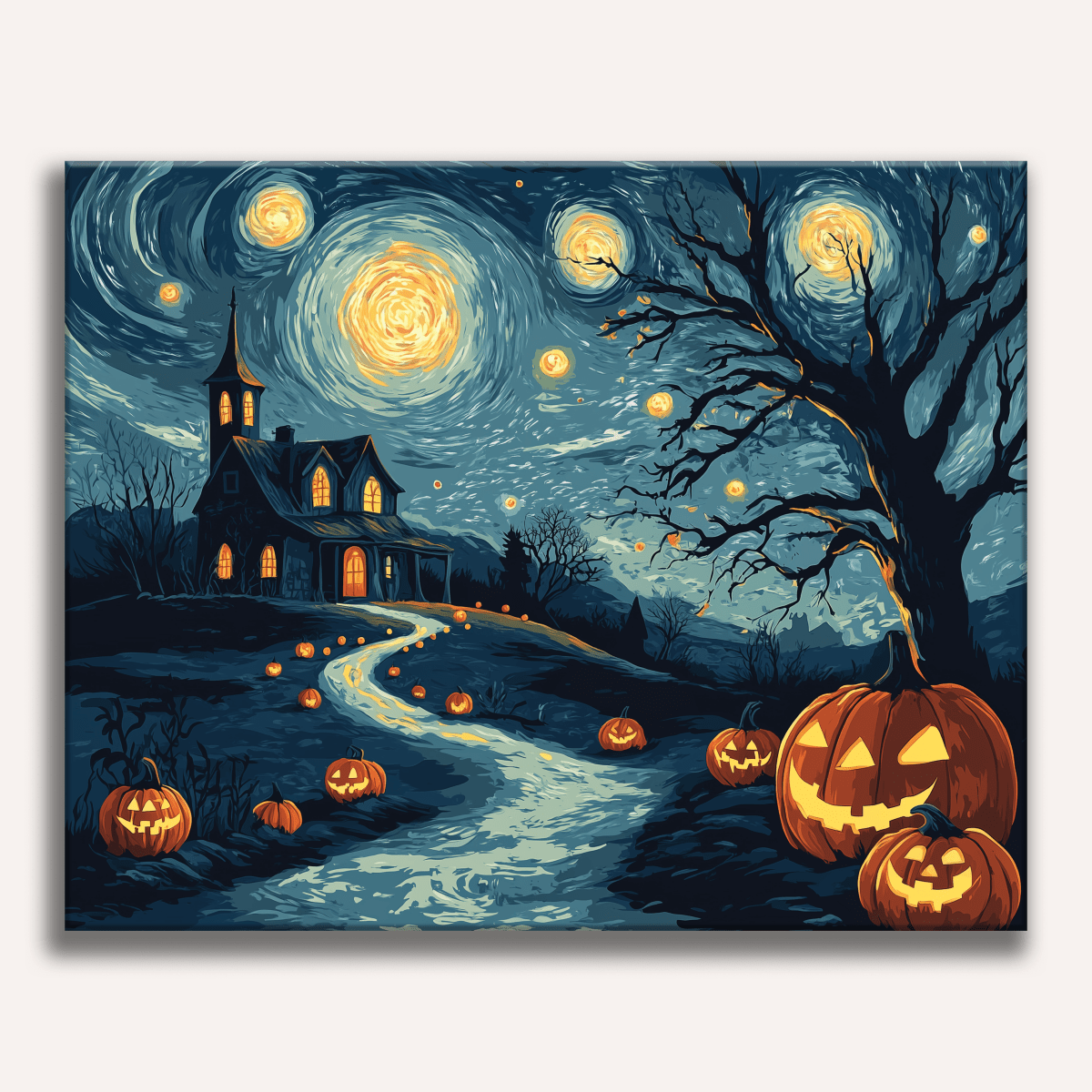 Starry Night Halloween paint by numbers artwork on a white background