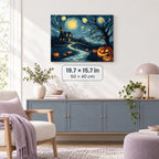 Starry Night Halloween artwork shown in a styled room with 19.7 x 15.7 in and 50 x 40 cm dimensions