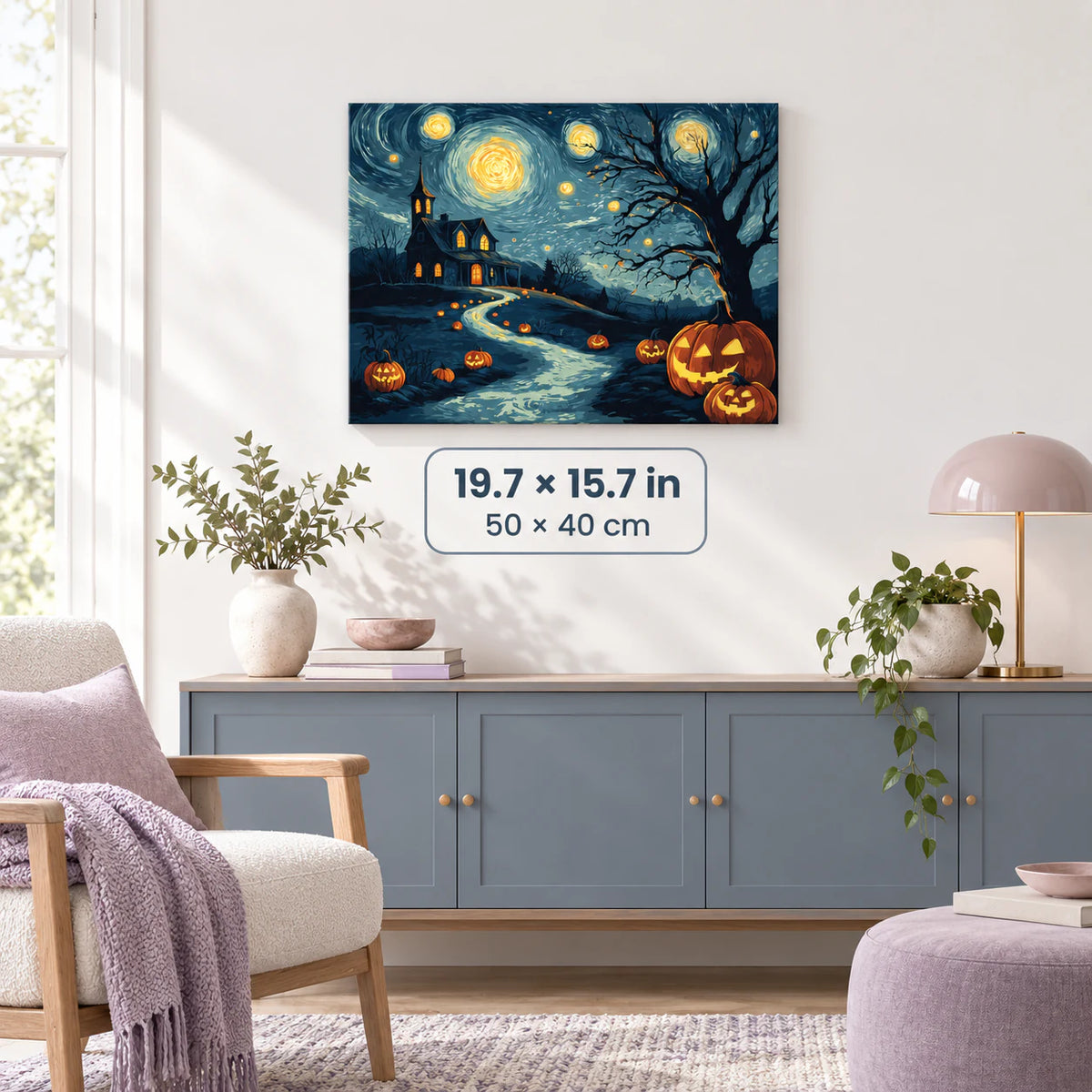 Starry Night Halloween artwork shown in a styled room with 19.7 x 15.7 in and 50 x 40 cm dimensions