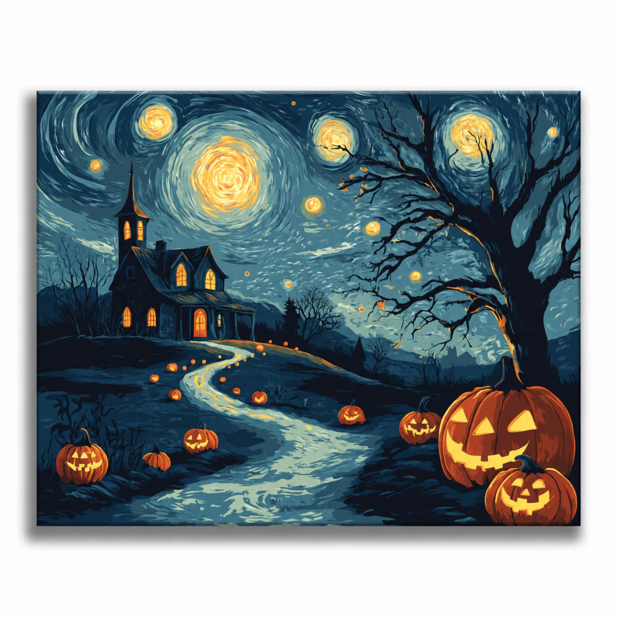 Starry Night Halloween paint by numbers artwork on a dimensional canvas with a clean white background