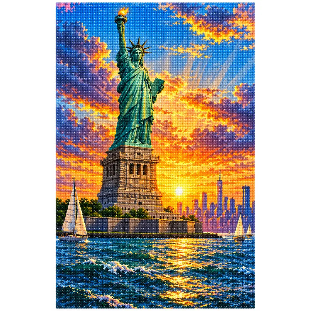 White-background finished diamond painting of Statue of Liberty Harbor Dawn.