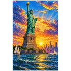 White-background finished diamond painting of Statue of Liberty Harbor Dawn.