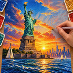 Hands placing diamond drills on the Statue of Liberty Harbor Dawn design.