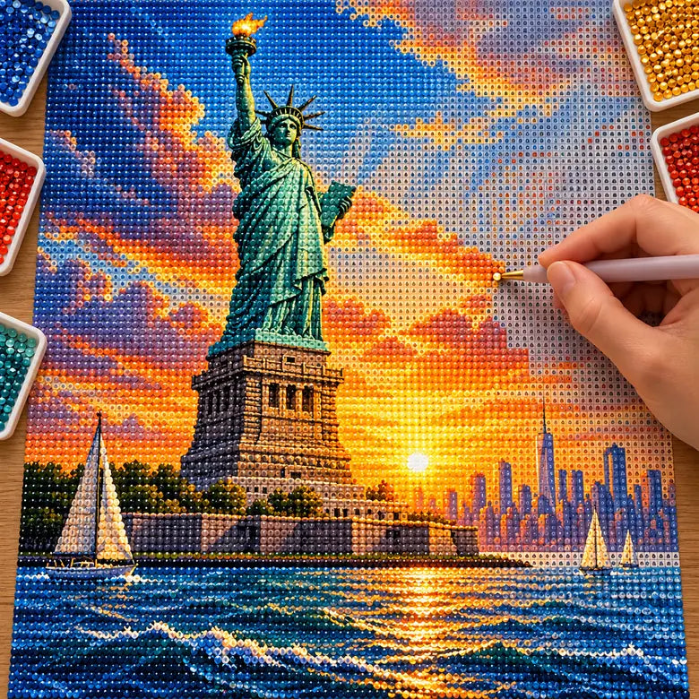 Hands placing diamond drills on the Statue of Liberty Harbor Dawn design.