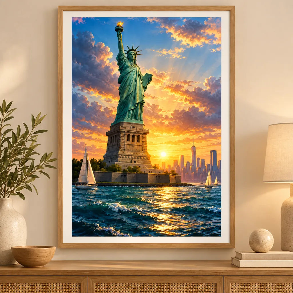 Framed Statue of Liberty Harbor Dawn diamond painting displayed as home decor.