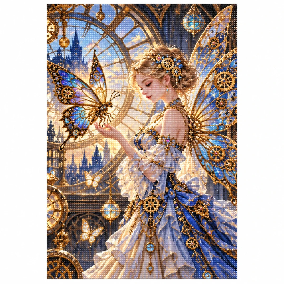 Steampunk Butterfly Lady Diamond Painting Kit finished diamond artwork on white background