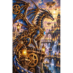 Steampunk Clockwork Dragon City — original artwork on a clean white background