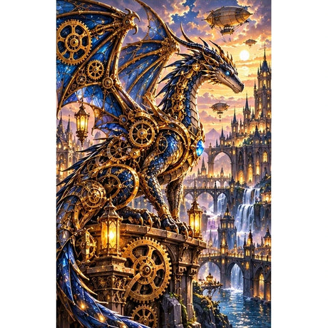 Steampunk Clockwork Dragon City — original artwork on a clean white background