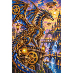 Steampunk Clockwork Dragon City — finished diamond painting on a white background