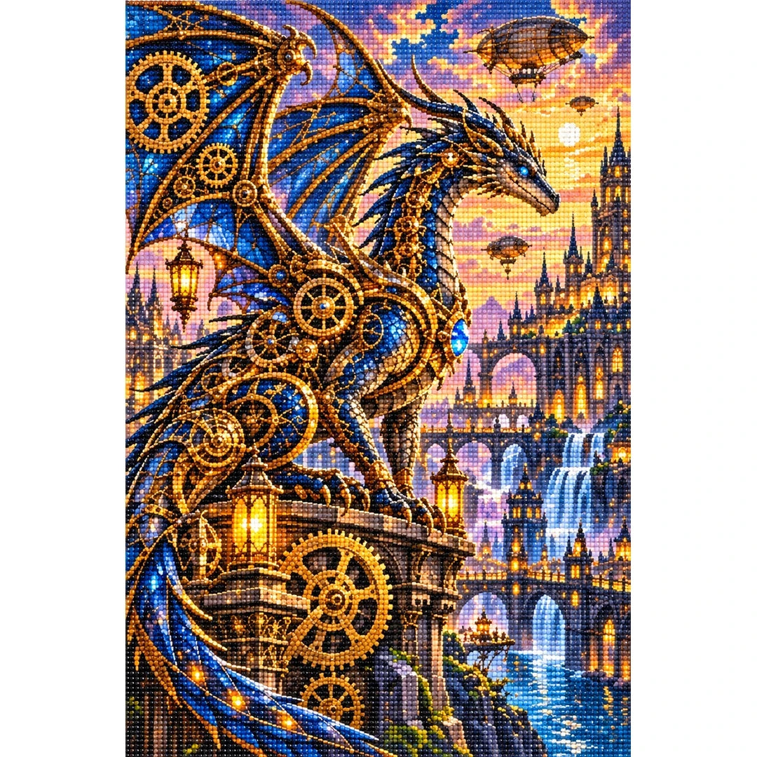 Steampunk Clockwork Dragon City — finished diamond painting on a white background