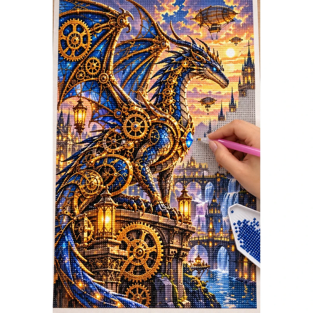 Steampunk Clockwork Dragon City — diamond painting process with applicator pen