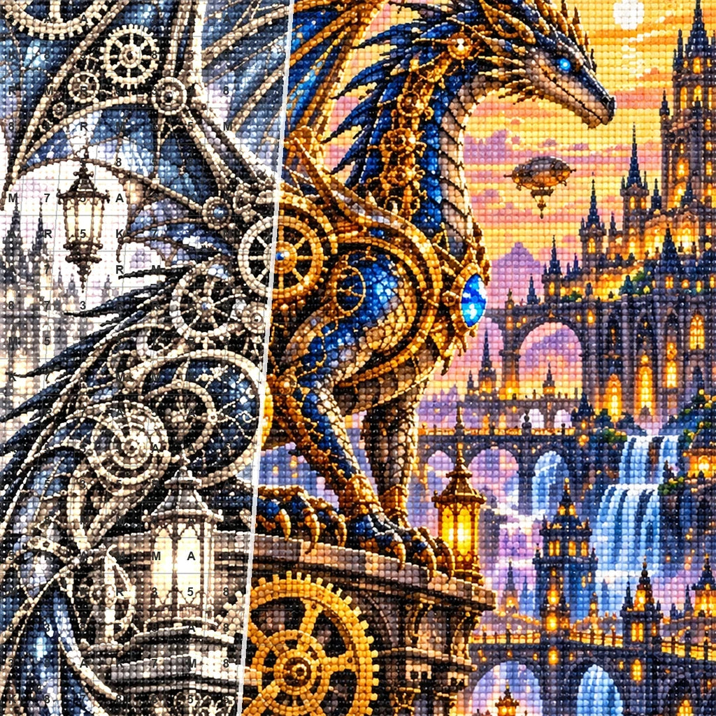 Steampunk Clockwork Dragon City — close-up canvas and resin drill detail