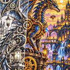 Steampunk Clockwork Dragon City — close-up canvas and resin drill detail