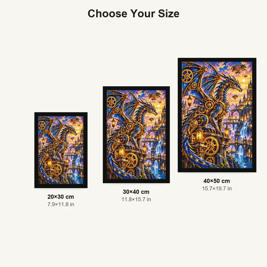 Steampunk Clockwork Dragon City — size comparison for 20 × 30, 30 × 40 and 40 × 50 cm