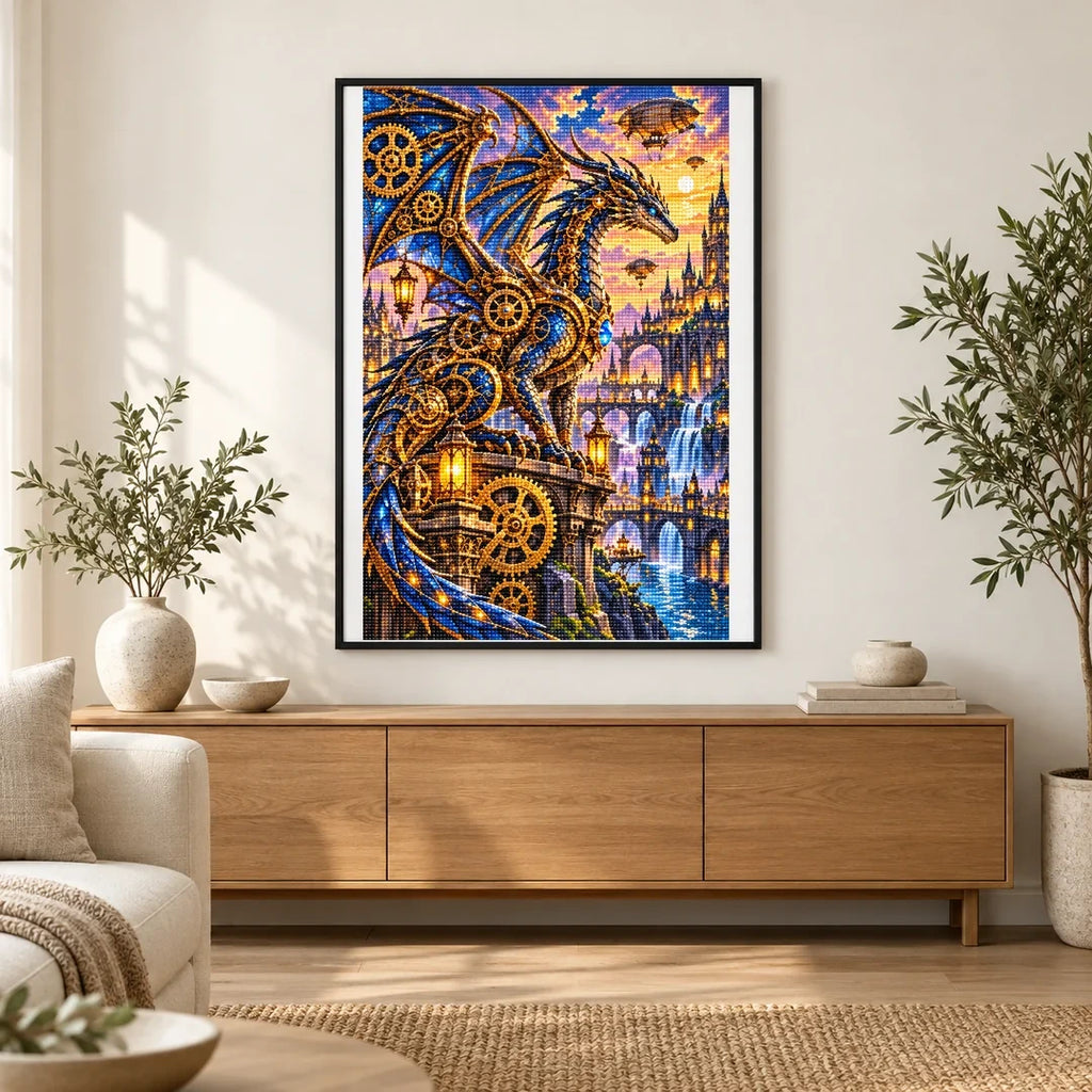 Steampunk Clockwork Dragon City — finished diamond painting displayed in a home interior
