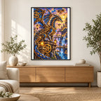 Steampunk Clockwork Dragon City — finished diamond painting displayed in a home interior