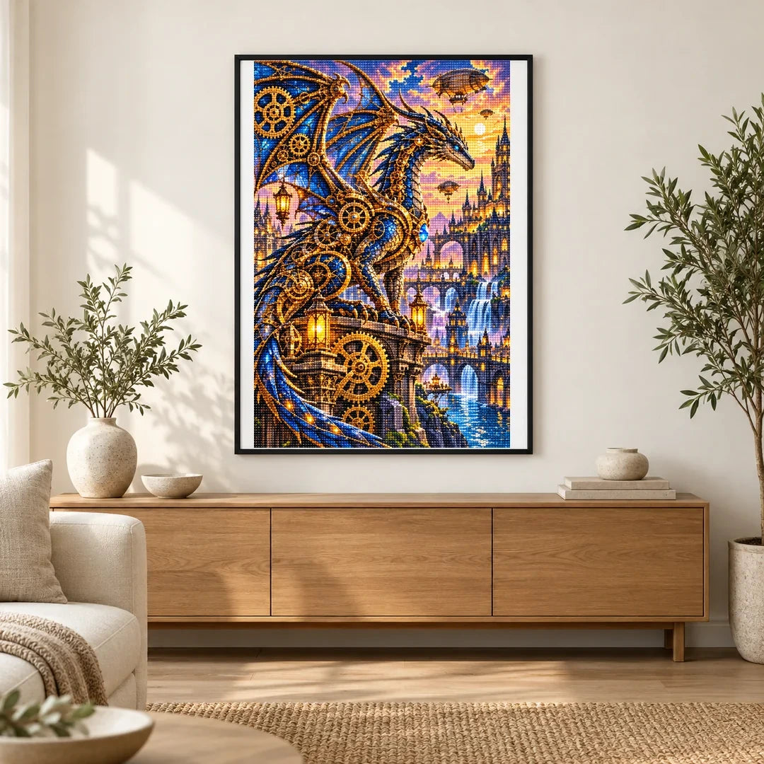 Steampunk Clockwork Dragon City — finished diamond painting displayed in a home interior