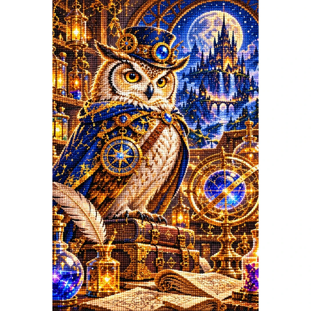 Steampunk Owl Alchemist finished diamond painting on white