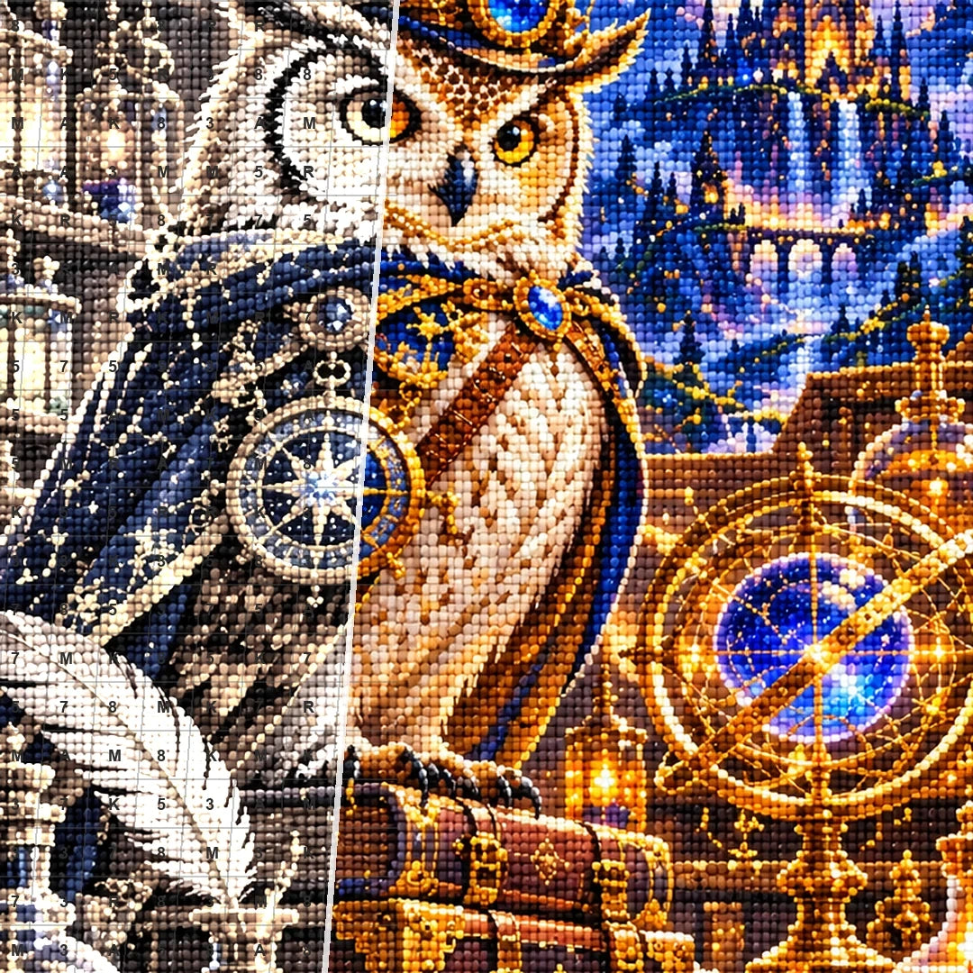 Steampunk Owl Alchemist canvas and resin drill detail