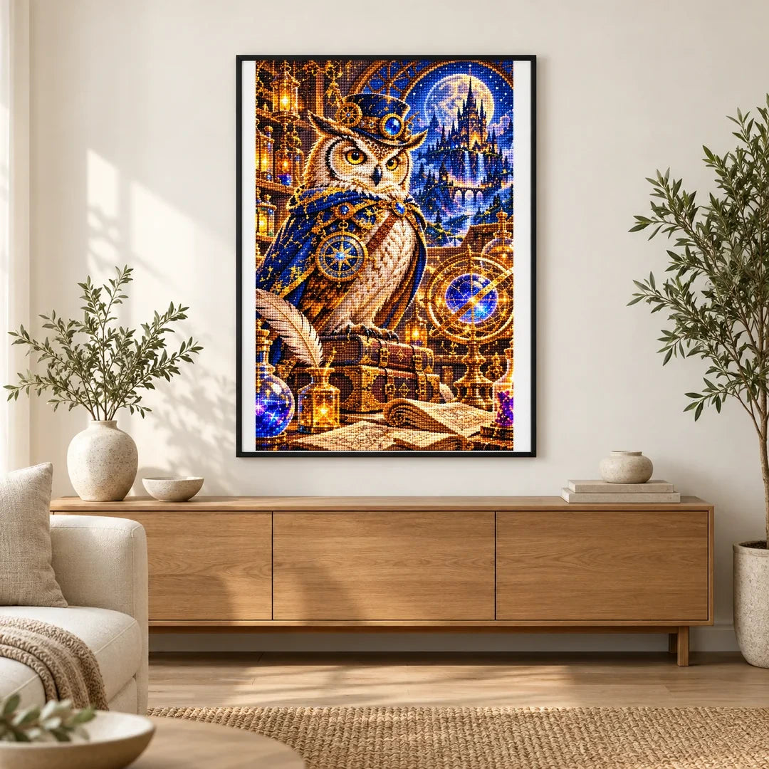 Steampunk Owl Alchemist finished artwork in home décor