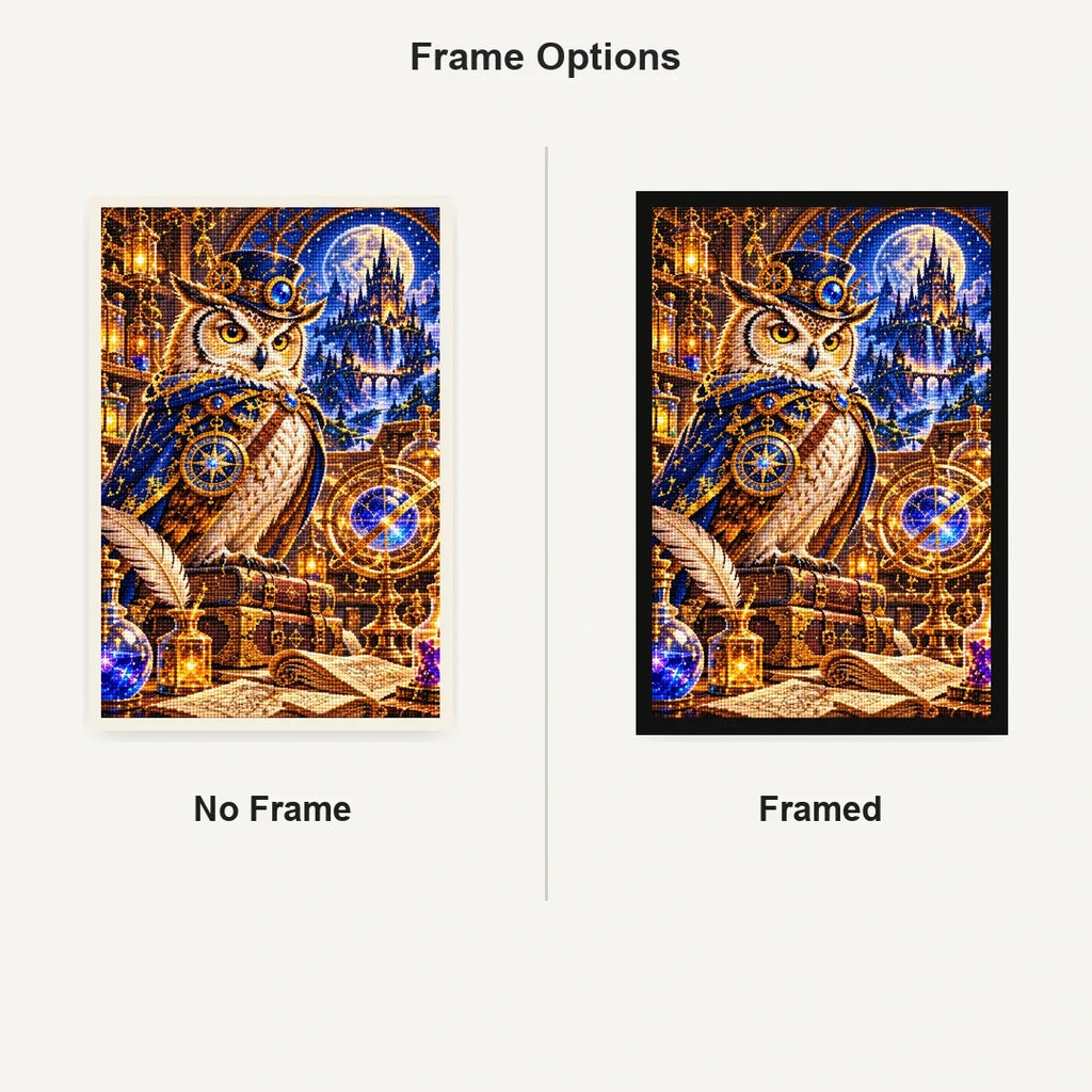Steampunk Owl Alchemist No Frame and Framed comparison
