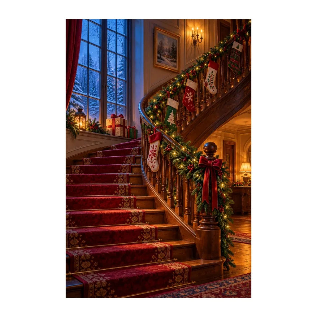 Original artwork of a grand Christmas staircase decorated with stockings and evergreen garlands.
