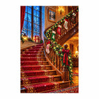 Completed diamond painting of a Christmas staircase with stockings.