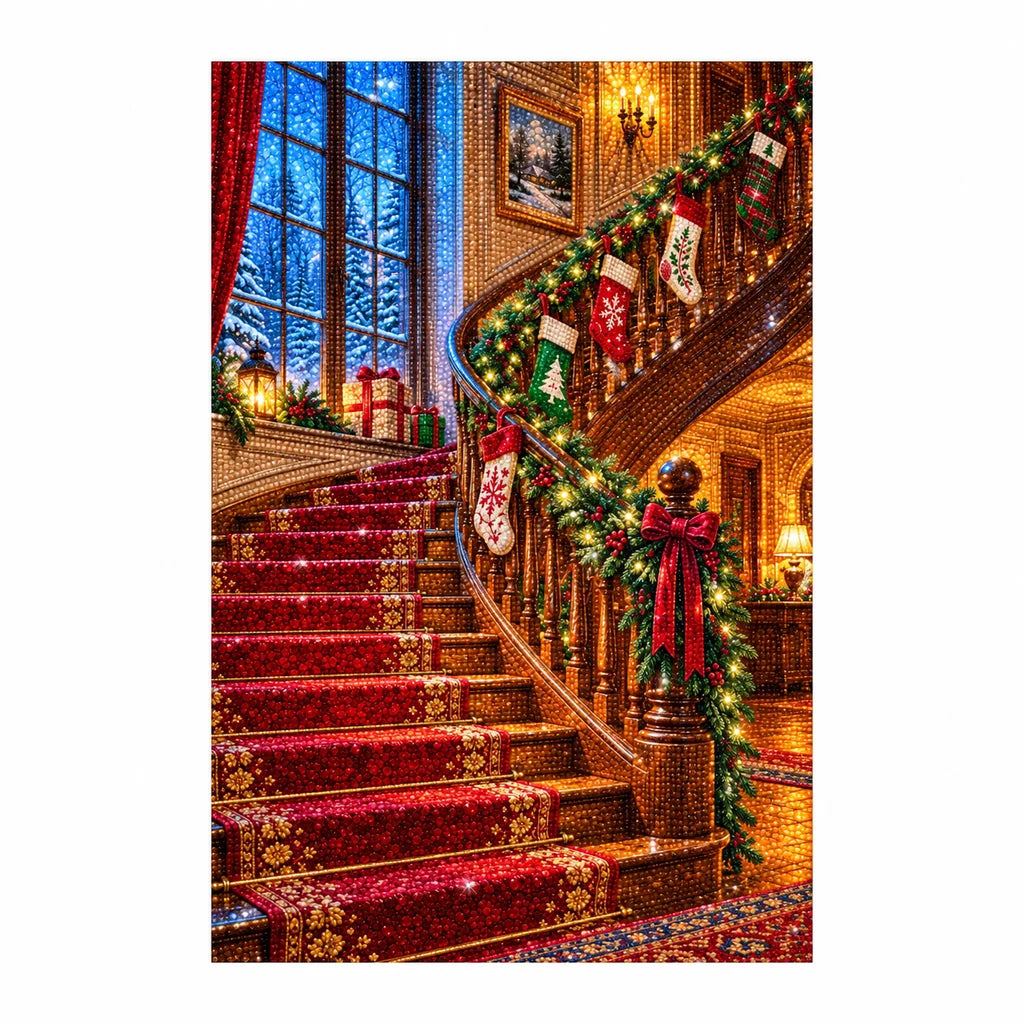 Completed diamond painting of a Christmas staircase with stockings.