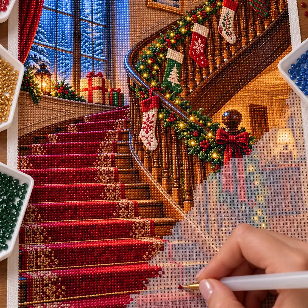 Hands placing drills on the decorated Christmas staircase diamond painting canvas.
