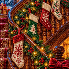 Close-up of the diamond drills on Christmas stockings and evergreen garlands.
