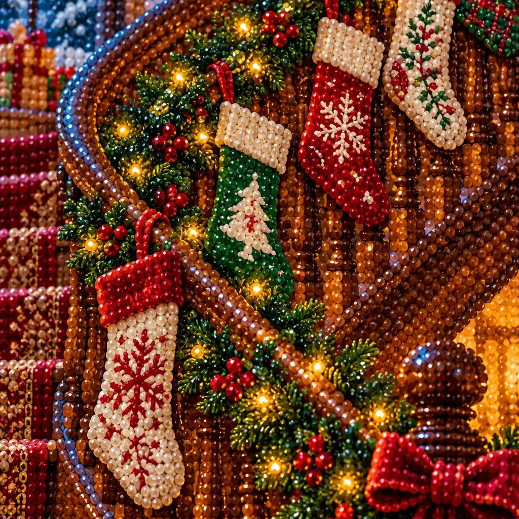 Close-up of the diamond drills on Christmas stockings and evergreen garlands.