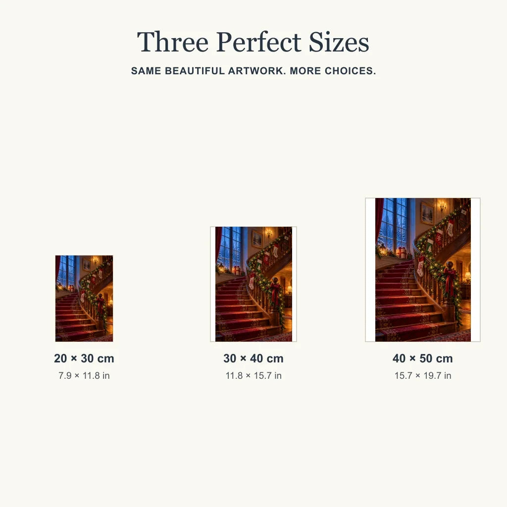 Size guide for the Christmas staircase design in three portrait sizes.