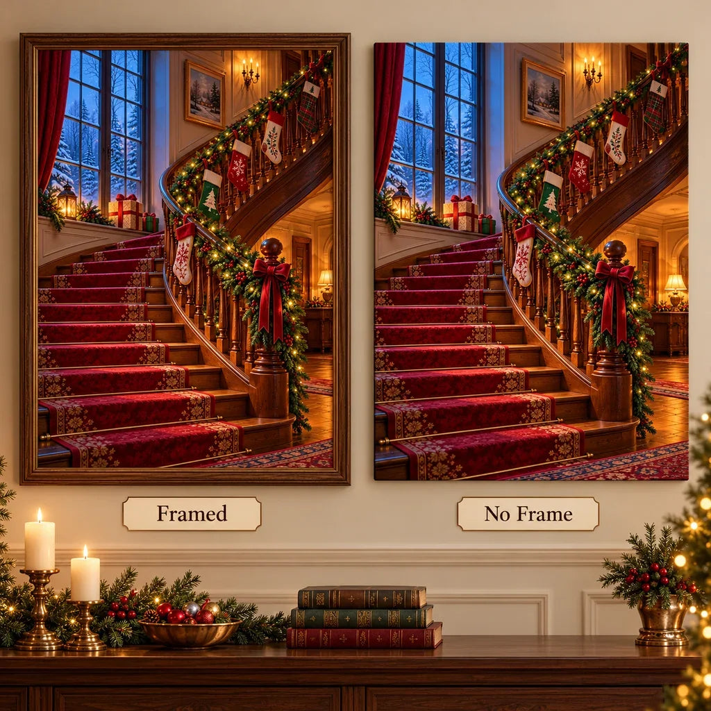 Framed Christmas staircase diamond painting displayed in a festive home.