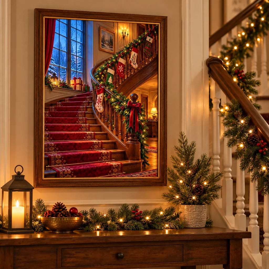 Framed and no-frame options for the Christmas staircase diamond painting.