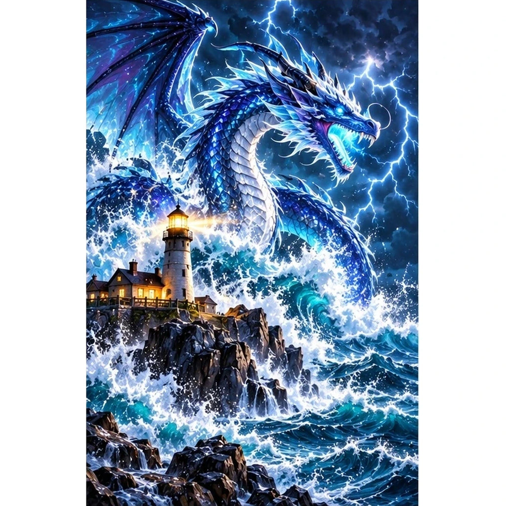 Storm Dragon Ocean Lighthouse — original artwork on a clean white background