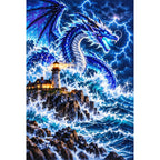 Storm Dragon Ocean Lighthouse — finished diamond painting on a white background