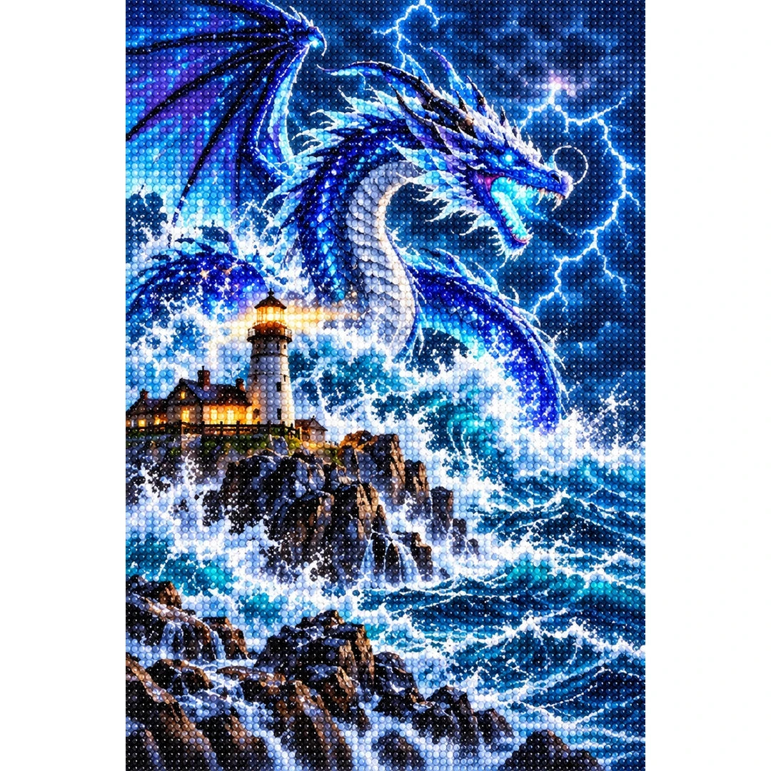 Storm Dragon Ocean Lighthouse — finished diamond painting on a white background