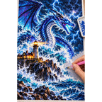 Storm Dragon Ocean Lighthouse — diamond painting process with applicator pen