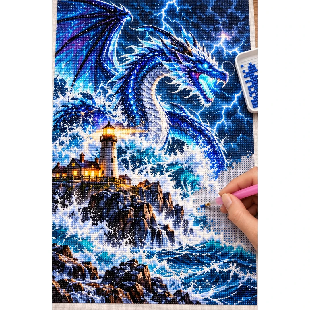Storm Dragon Ocean Lighthouse — diamond painting process with applicator pen