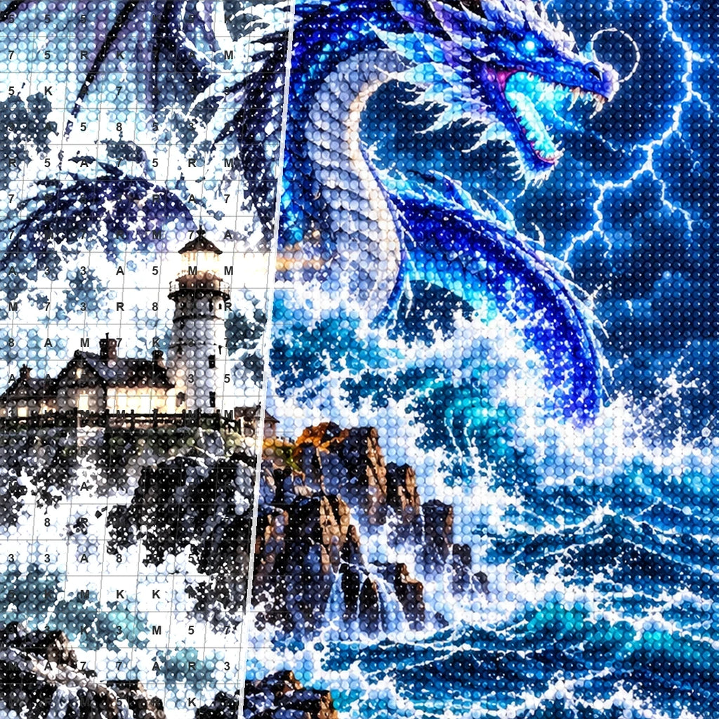 Storm Dragon Ocean Lighthouse — close-up canvas and resin drill detail