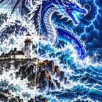 Storm Dragon Ocean Lighthouse — close-up canvas and resin drill detail