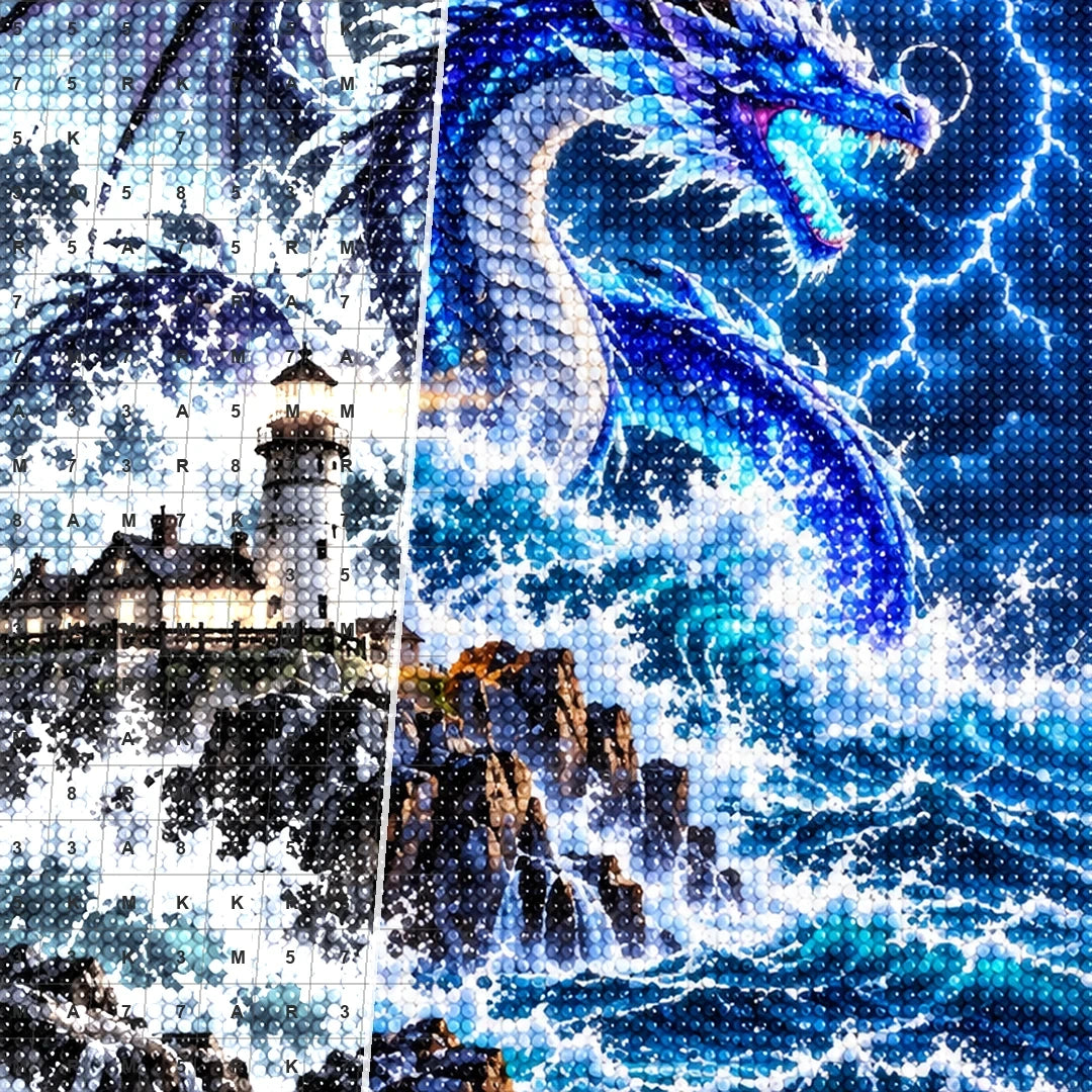 Storm Dragon Ocean Lighthouse — close-up canvas and resin drill detail