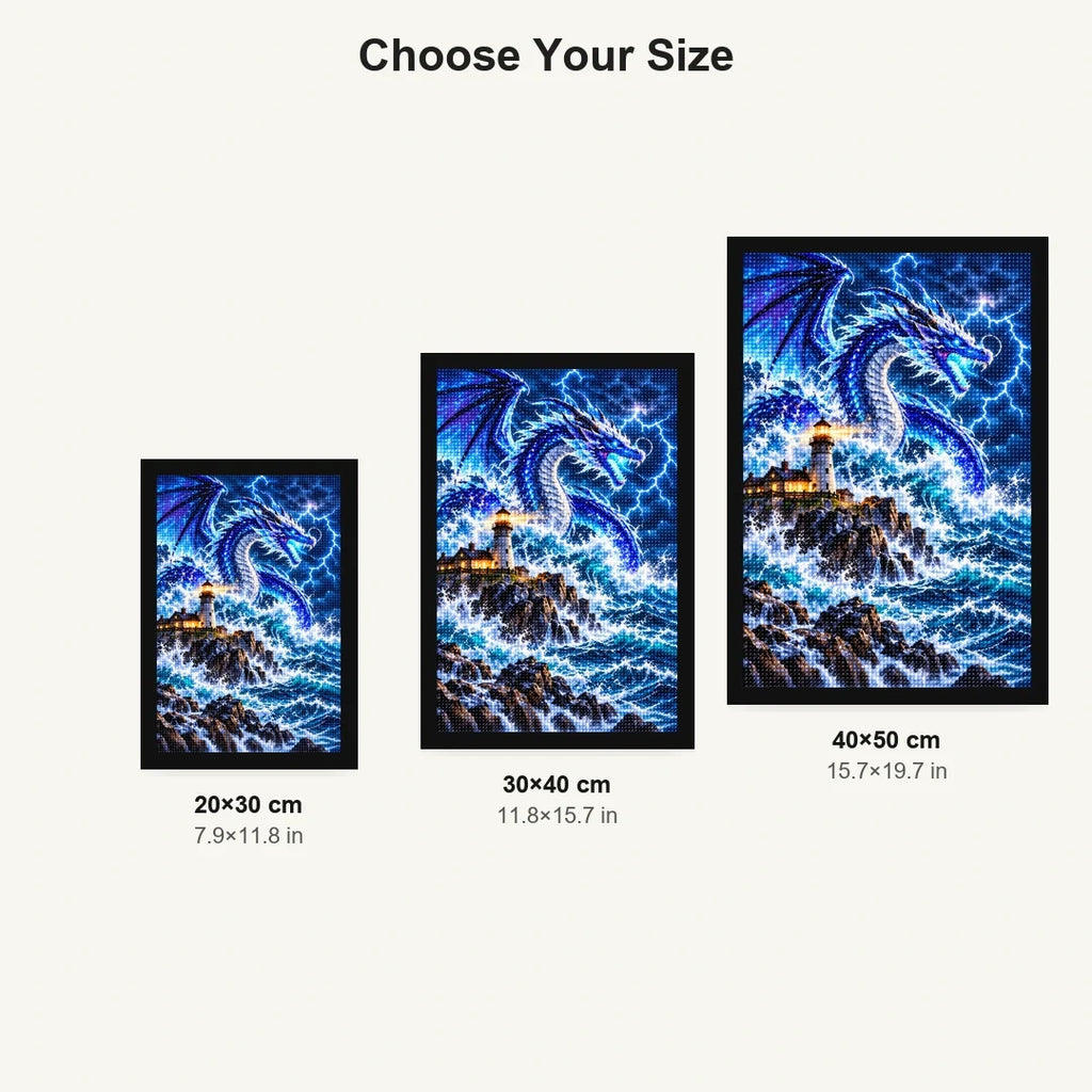 Storm Dragon Ocean Lighthouse — size comparison for 20 × 30, 30 × 40 and 40 × 50 cm