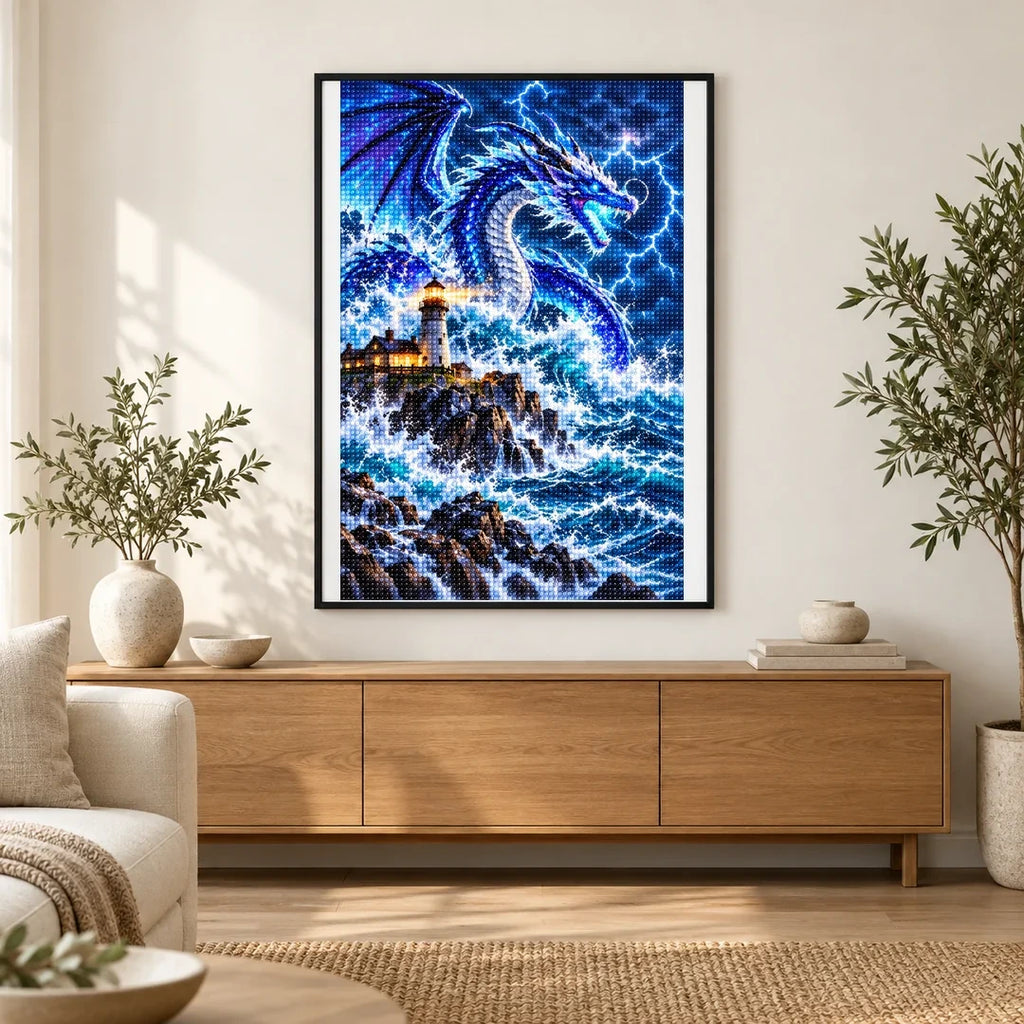 Storm Dragon Ocean Lighthouse — finished diamond painting displayed in a home interior