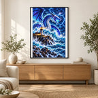 Storm Dragon Ocean Lighthouse — finished diamond painting displayed in a home interior