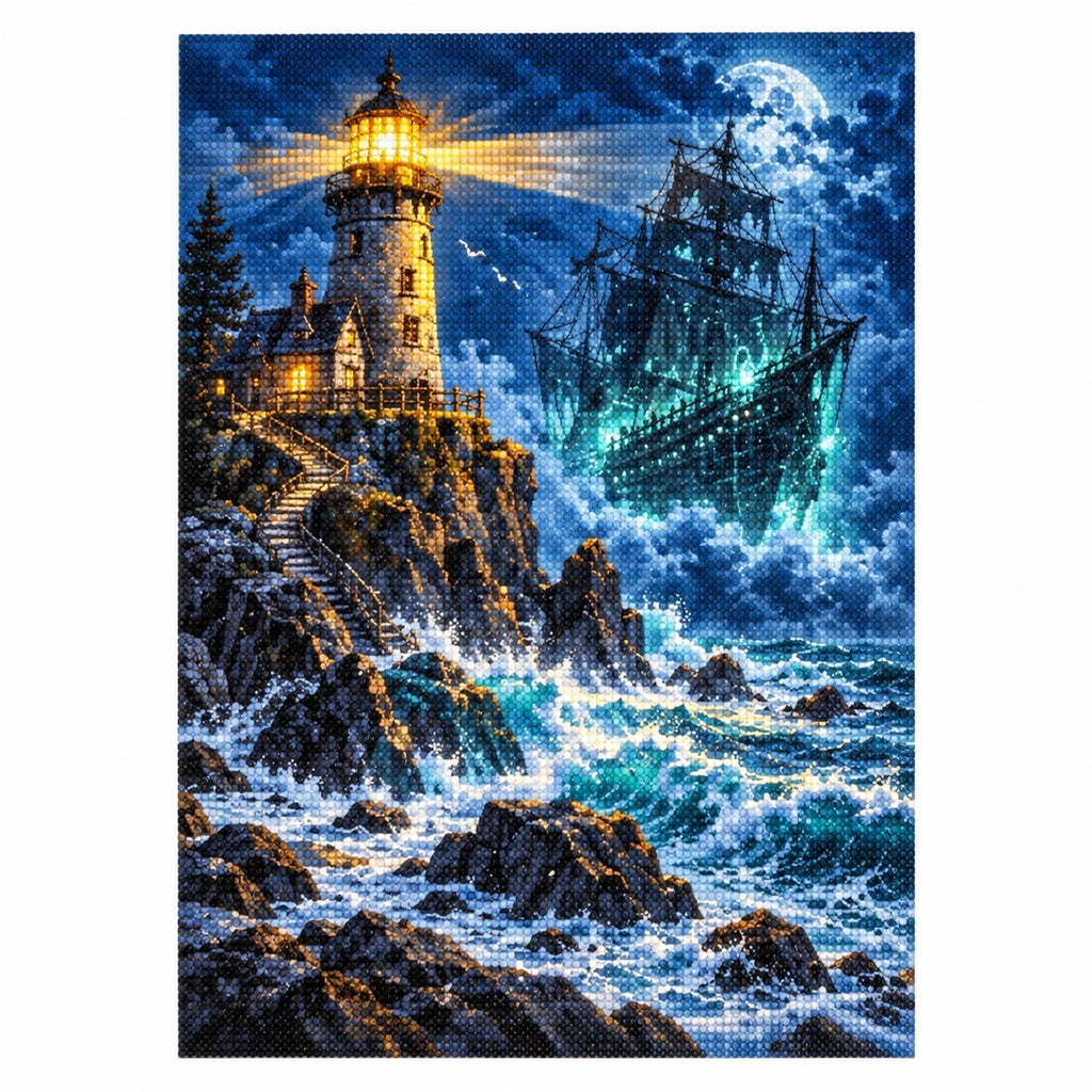 Stormy Lighthouse Ghost Ship Diamond Painting Kit finished diamond artwork on white background