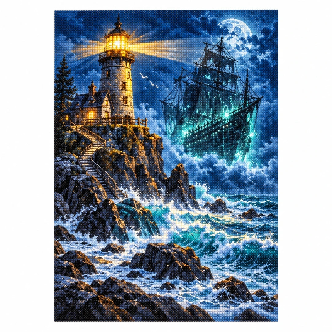 Stormy Lighthouse Ghost Ship Diamond Painting Kit finished diamond artwork on white background