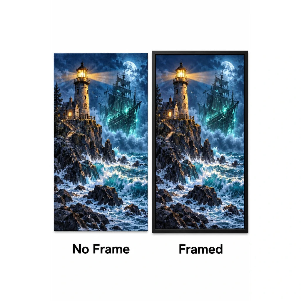 Stormy Lighthouse Ghost Ship Diamond Painting Kit No Frame and Framed comparison