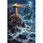 Stormy Lighthouse Ghost Ship Diamond Painting Kit original artwork on white background